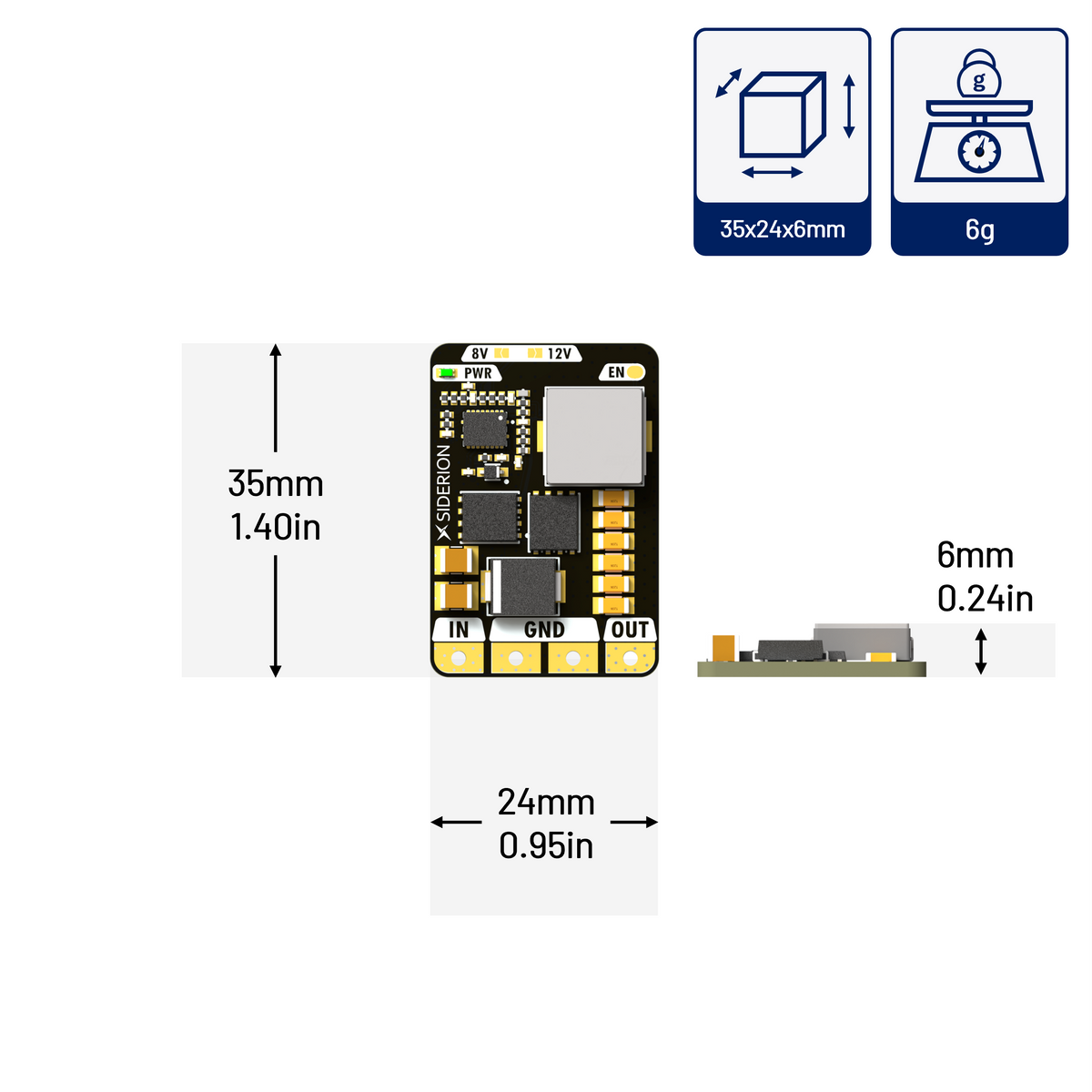 Technical dimension diagram of a small electronic circuit board module, showing overall measurements of 35mm by 24mm, a side profile of 6mm, and a weight of 6g, with icon callouts for size and weight.