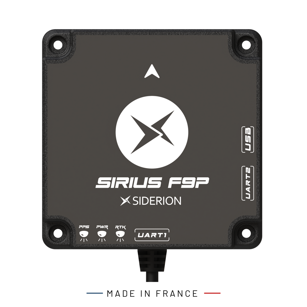 A Siderion Sirius F9P GNSS electronic module with rounded corners, featuring a white SIRIUS F9P logo and SIDERION branding on the front, shown against a white background with 'MADE IN FRANCE' text below.