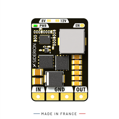 A Siderion BEC12S-5A power module with a black PCB, gold-plated connectors, and various electronic components, shown on a white background with 'MADE IN FRANCE' text below.