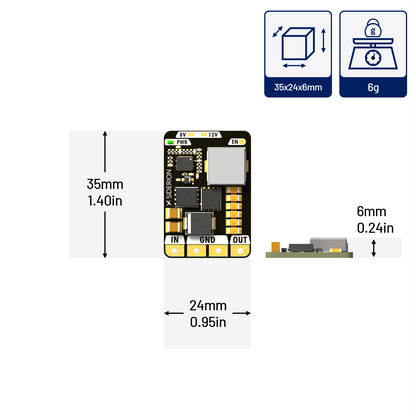 Technical dimension diagram of a small electronic circuit board module, showing overall measurements of 35mm by 24mm, a side profile of 6mm, and a weight of 6g, with icon callouts for size and weight.