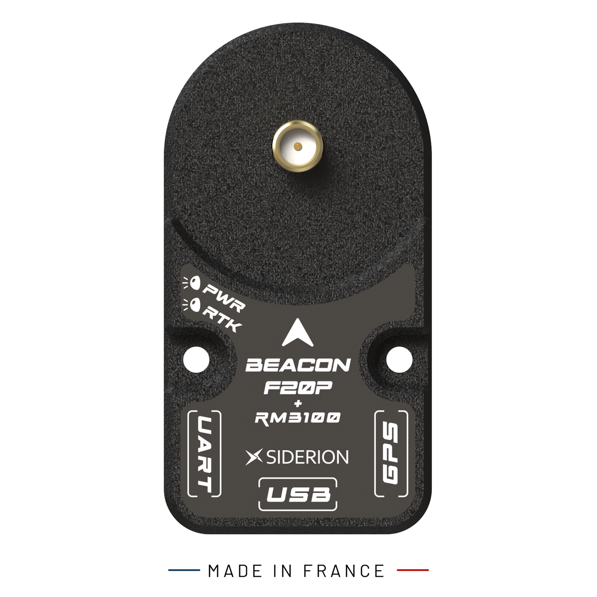 Black Siderion Beacon F20P + RM3100 USB GPS receiver device with white printed text and labels, shown on a white background with 'MADE IN FRANCE' text below.