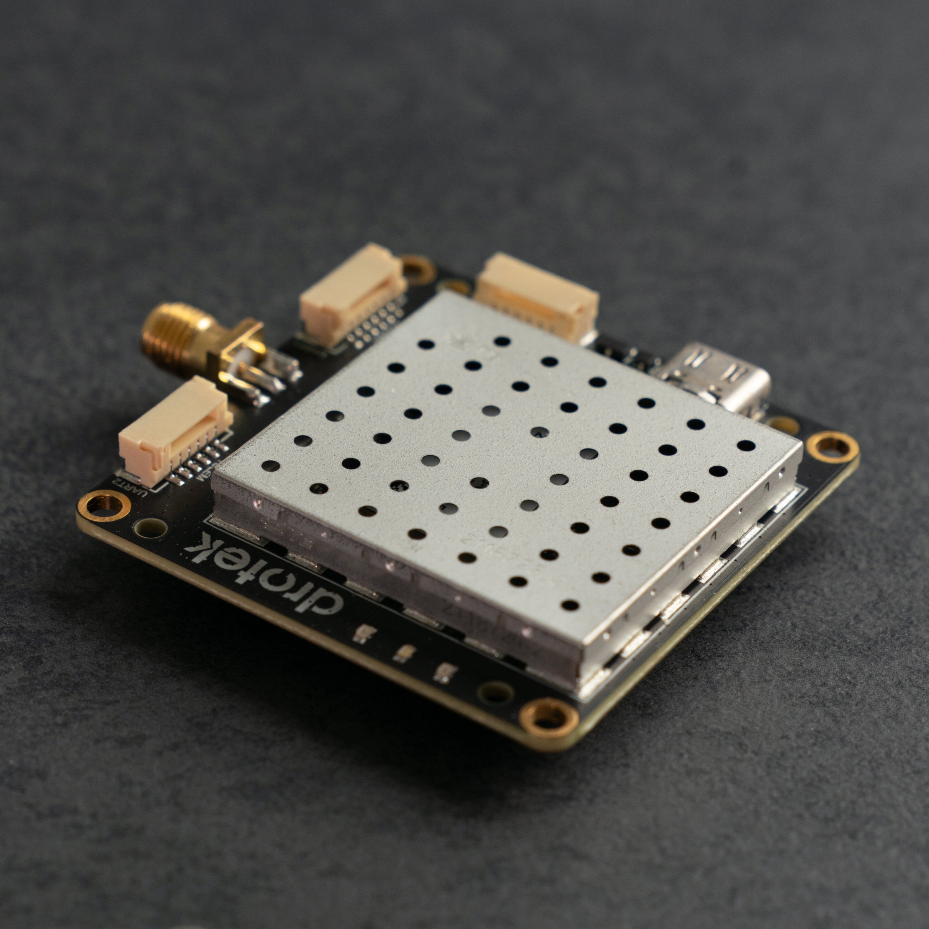 Siderion DP0601 ZED-F29P RTK GPS module on a dark background. Isometric view.