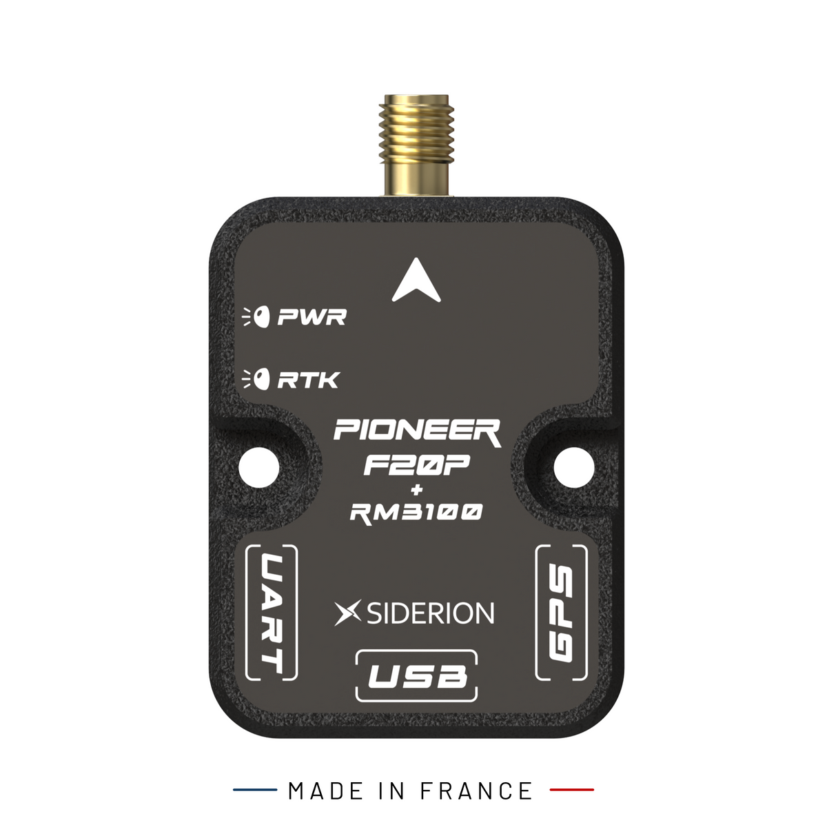 A black Pioneer F20P + RM3100 GPS receiver module with a gold-plated RF connector on top, featuring white printed text and symbols, shown on a white background with a 'MADE IN FRANCE' banner at the bottom.