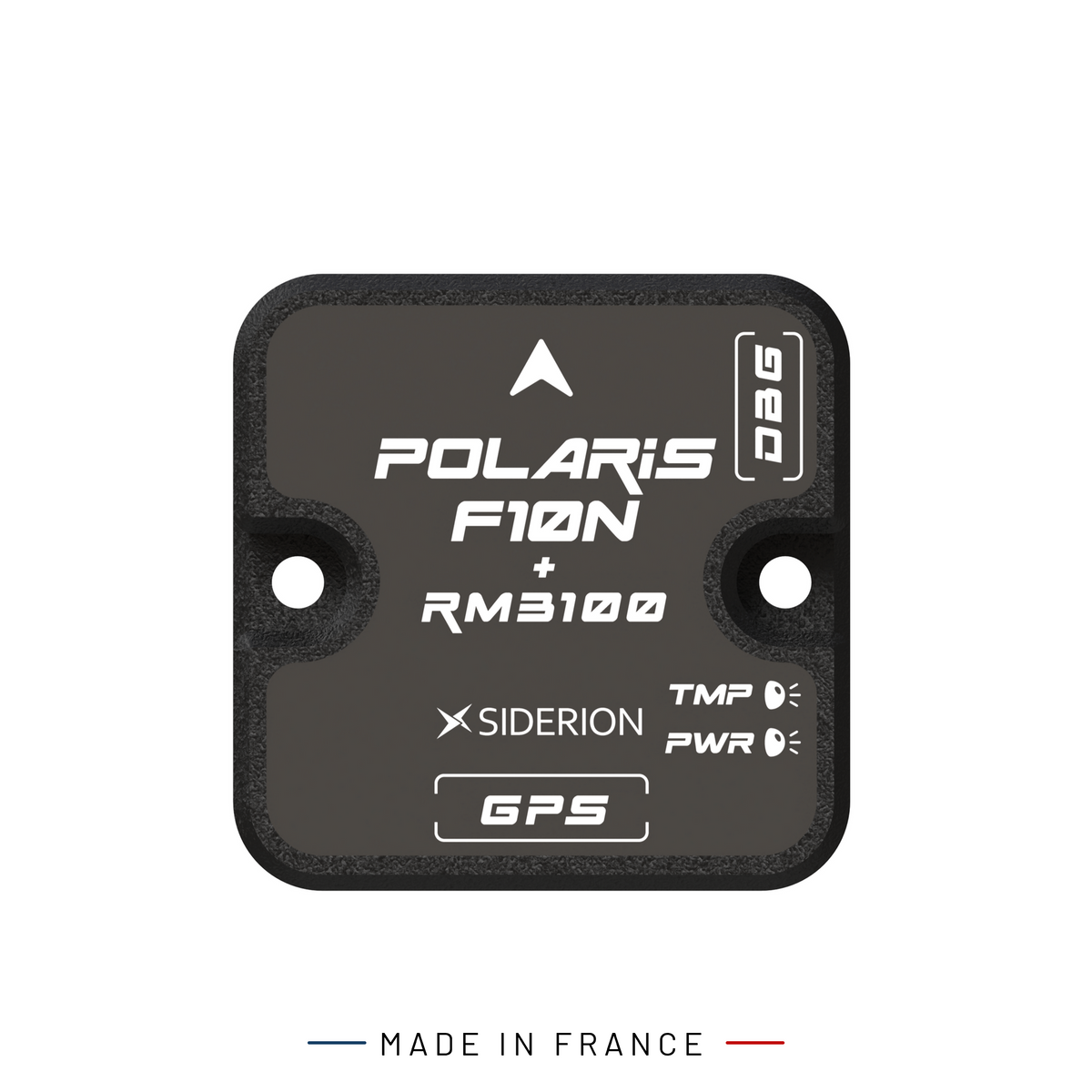 A black Siderion GNSS module branded POLARIS F10N + RM3100, featuring white text and logos, shown on a white background with a 'MADE IN FRANCE' banner at the bottom.