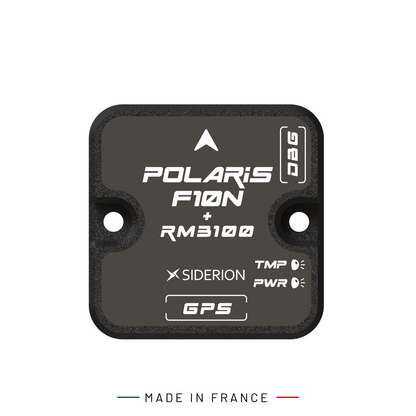 A black Siderion GNSS module branded POLARIS F10N + RM3100, featuring white text and logos, shown on a white background with a 'MADE IN FRANCE' banner at the bottom.