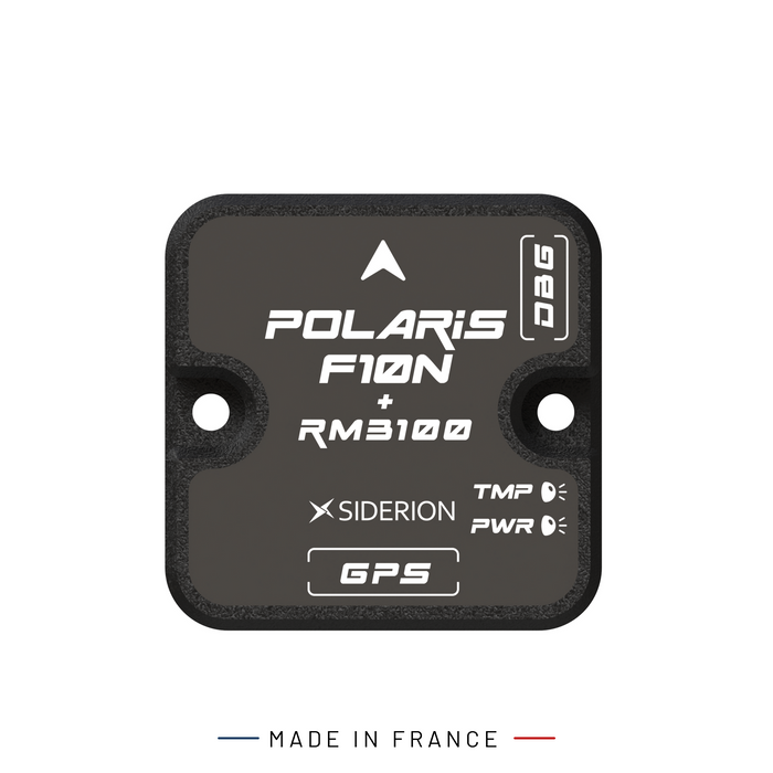 A black Siderion GNSS module branded POLARIS F10N + RM3100, featuring white text and logos, shown on a white background with a 'MADE IN FRANCE' banner at the bottom.