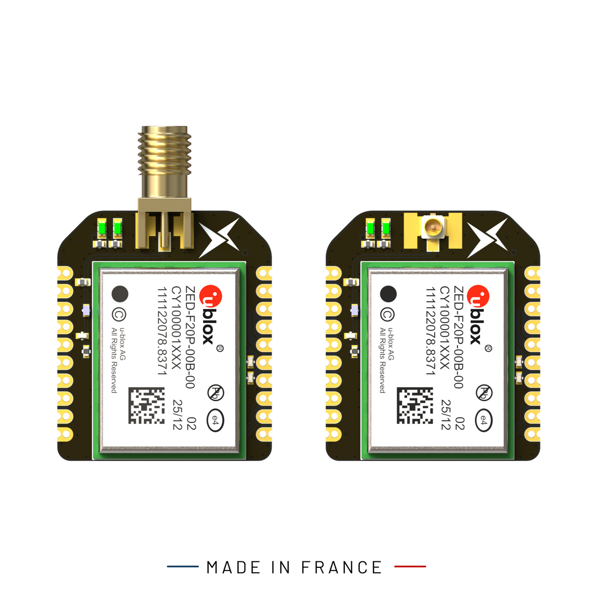 Two ublox ZED-F20P GNSS modules, with SMA and u.FL connectors shown side by side on a plain white background.