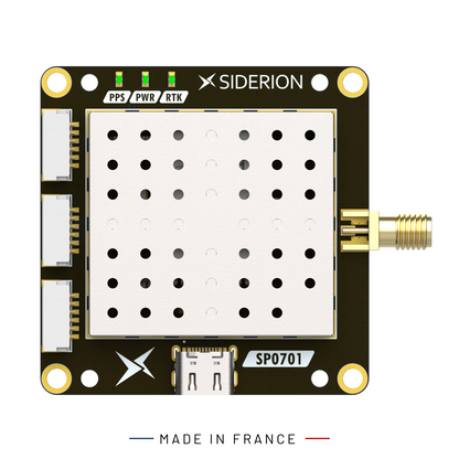 A Siderion SP0701 electronic module board with gold-plated screw terminals, a USB-C port, and green status LEDs, shown on a white background with 'MADE IN FRANCE' text below.