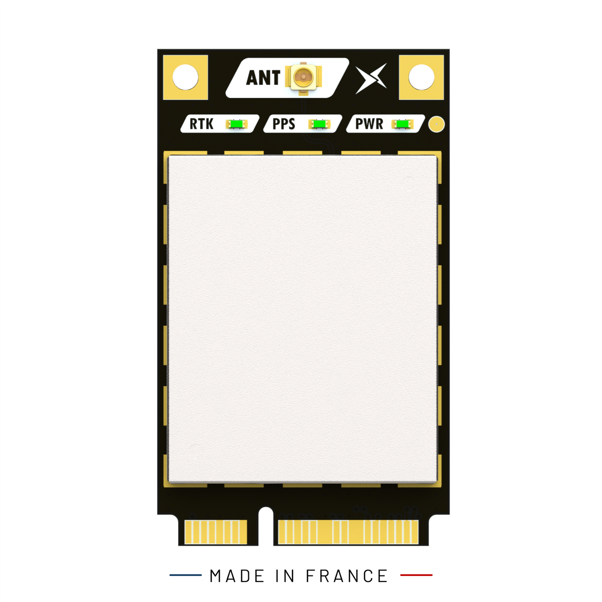 A Siderion SP0702 GNSS mPCIe with white center EMI cage, featuring the ANT brand logo and status indicators for RTK, PPS, and PWR, shown on a white background with 'MADE IN FRANCE' text below.