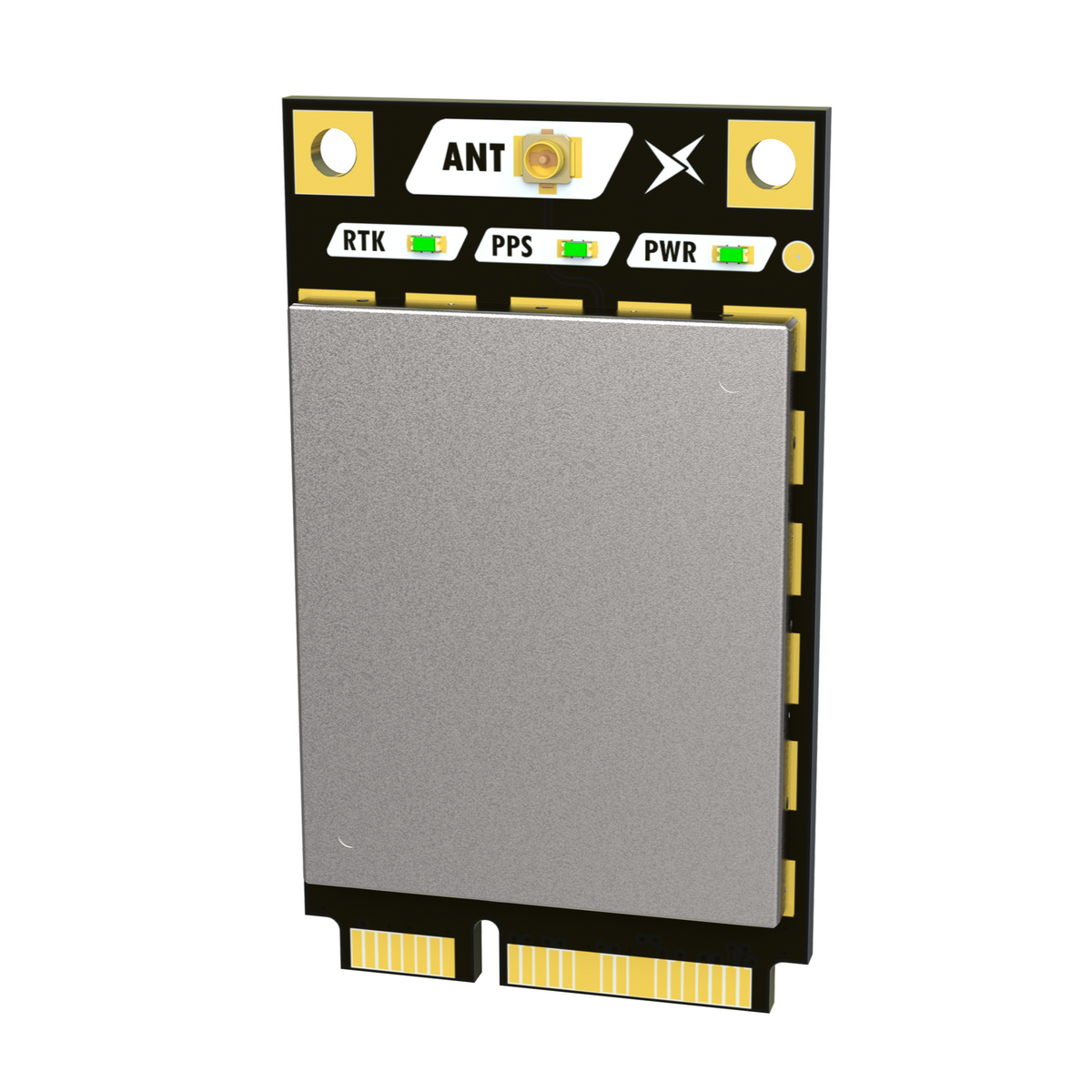 Electronic module with connectors and labels on a white background