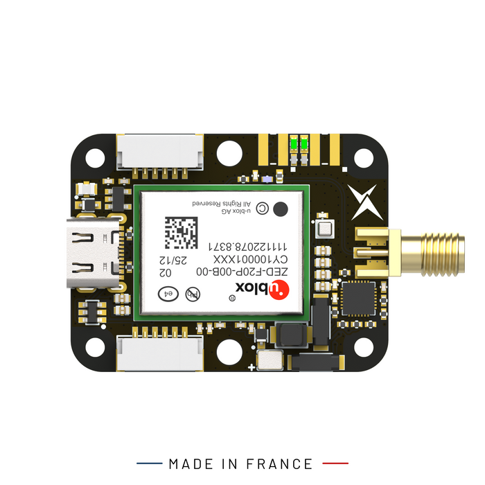 A compact Siderion SP0703 module board with a USB-C port, gold SMA connector, and a central white label reading 'UBLOX' and 'Made in France', shown on a plain white background.