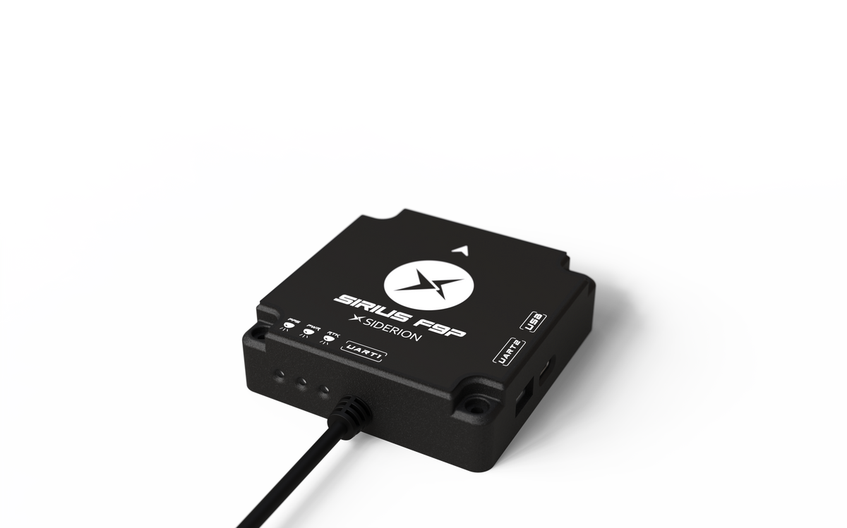 Sirius F9P RTK GNSS device with the Siderion logo on a white background