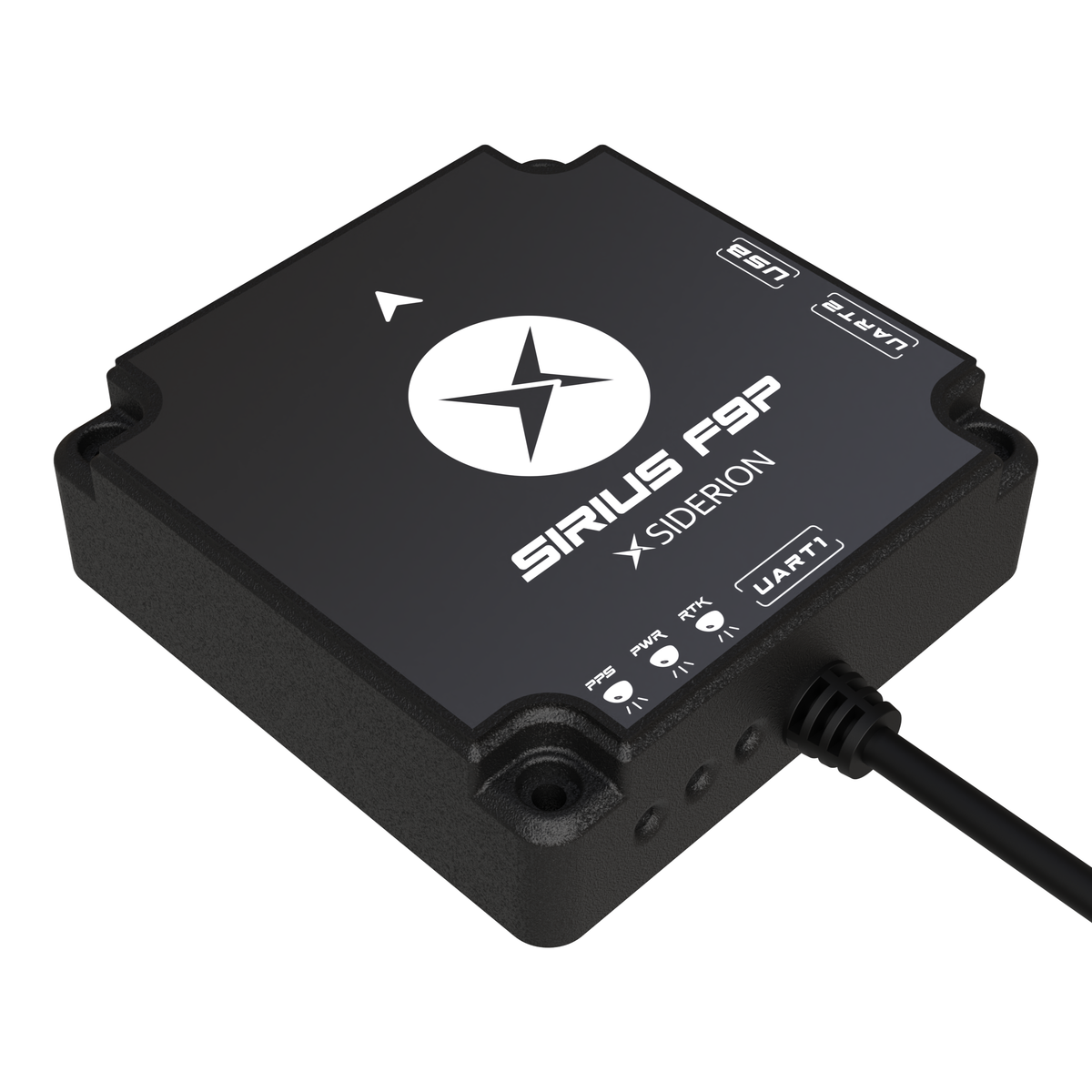 Black electronic device with Sirius F9P logo on a white background