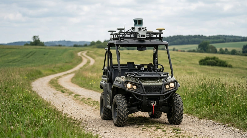A black all-terrain utility vehicle with roof-mounted sensors and lights, driving on a gravel path through a green rural landscape under a cloudy sky.