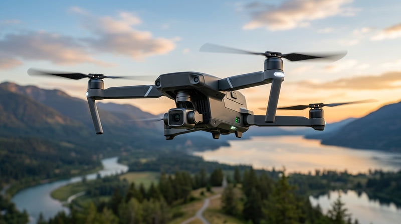 A dark gray quadcopter drone flying over a scenic mountain valley with a river and lake at sunset, with blurred mountains and trees in the background.