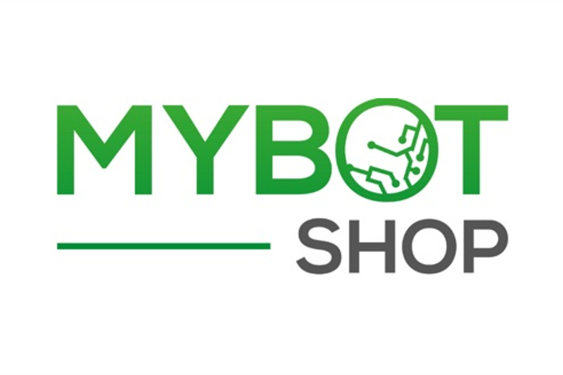 The logo for 'MYBOT SHOP' is shown on a plain white background. The word 'MYBOT' is written in bold green letters, with a green circle containing a white circuit-like graphic over the letter 'O'.