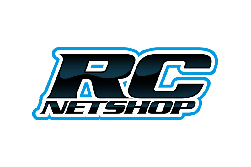 The RC Netshop logo is displayed on a solid white background. The logo features stylized 'RC' lettering in a glossy black gradient with a blue outline, and 'NETSHOP' written in white capital letters below it with a blue outline.