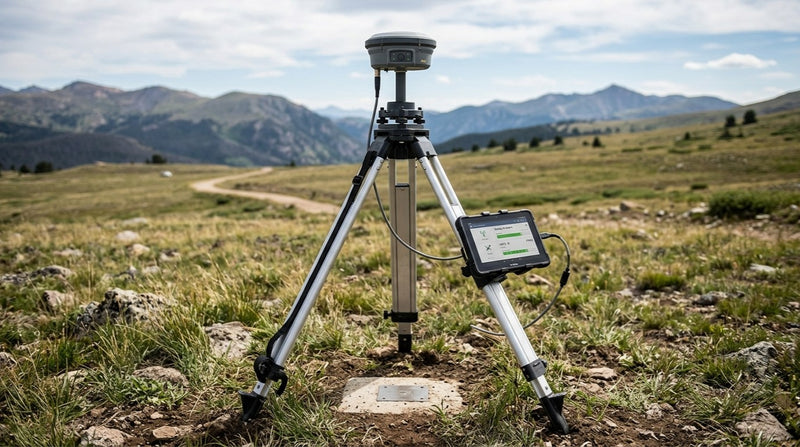 A GPS surveying tripod with a handheld receiver device set up outdoors in a grassy mountain field, with mountains and a dirt road in the background.